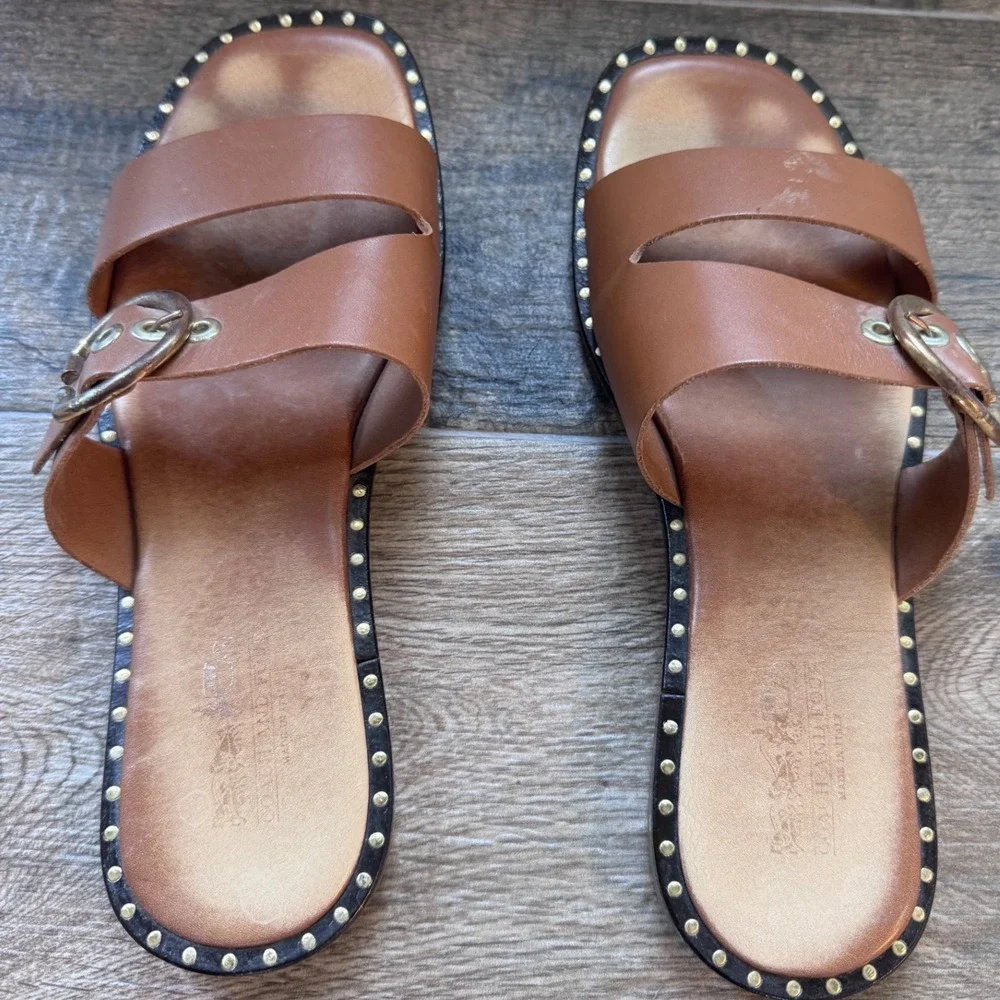 Coach And Four Womens 7.5 Brown Leather Studded Buckle Slide Sandals Made Italy